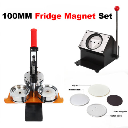 100mm Refrigerator Magnet Making Kit: Includes a machine,stand cutter, and 100sets of consumable (Mylar film, metal casing, soft magnet, and metal backing). A complete set of DIY refrigerator magnet equipment and materials.