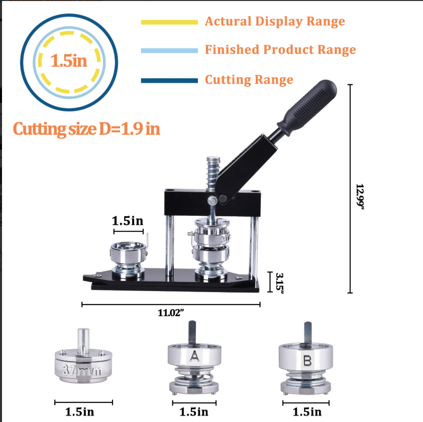 37mm 1-1/2 Inch round button maker machine + 500pcs free button parts +adjustable circle cutter